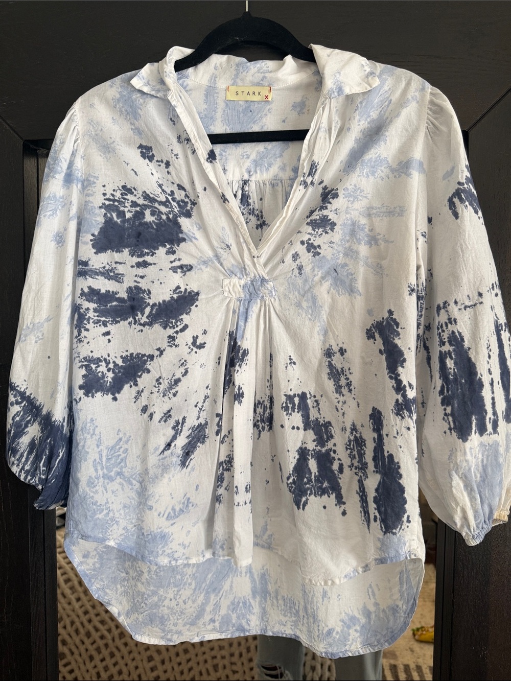 Stark Women's White and Blue Tie-Dye V-Neck Blouse